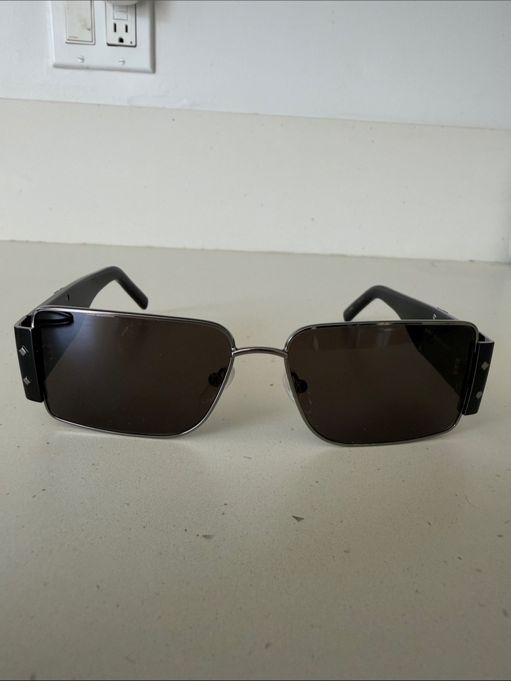 Rectangular Silver Frame Sunglasses with Dark Brown Lenses